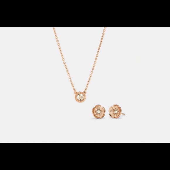 COACH Current Season Open Circle Necklace & Tea Rose Stud SET BNWT ROSE GOLD - Picture 3 of 7